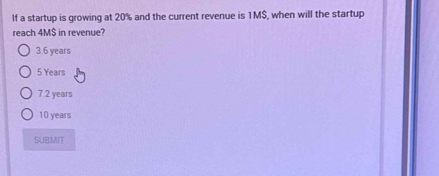  If a startup is growing at 20% and the current revenue