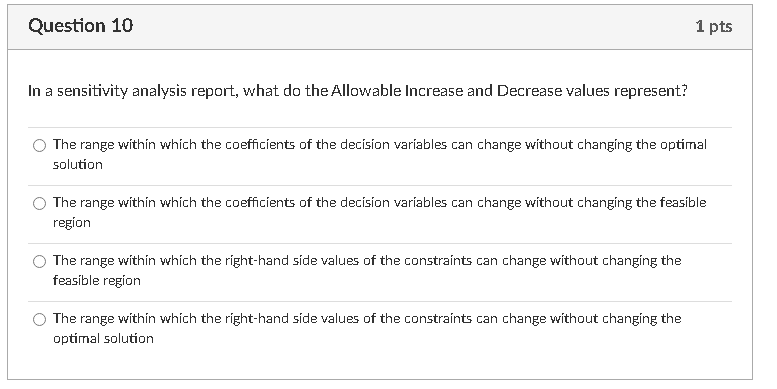 Question 10 In a sensitivity analysis report, what do the Allowable