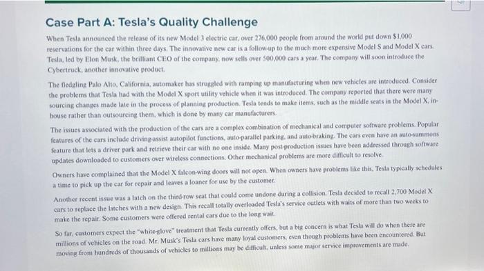 just need #8 please Case Part A: Tesla's Quality Challenge When Tesla