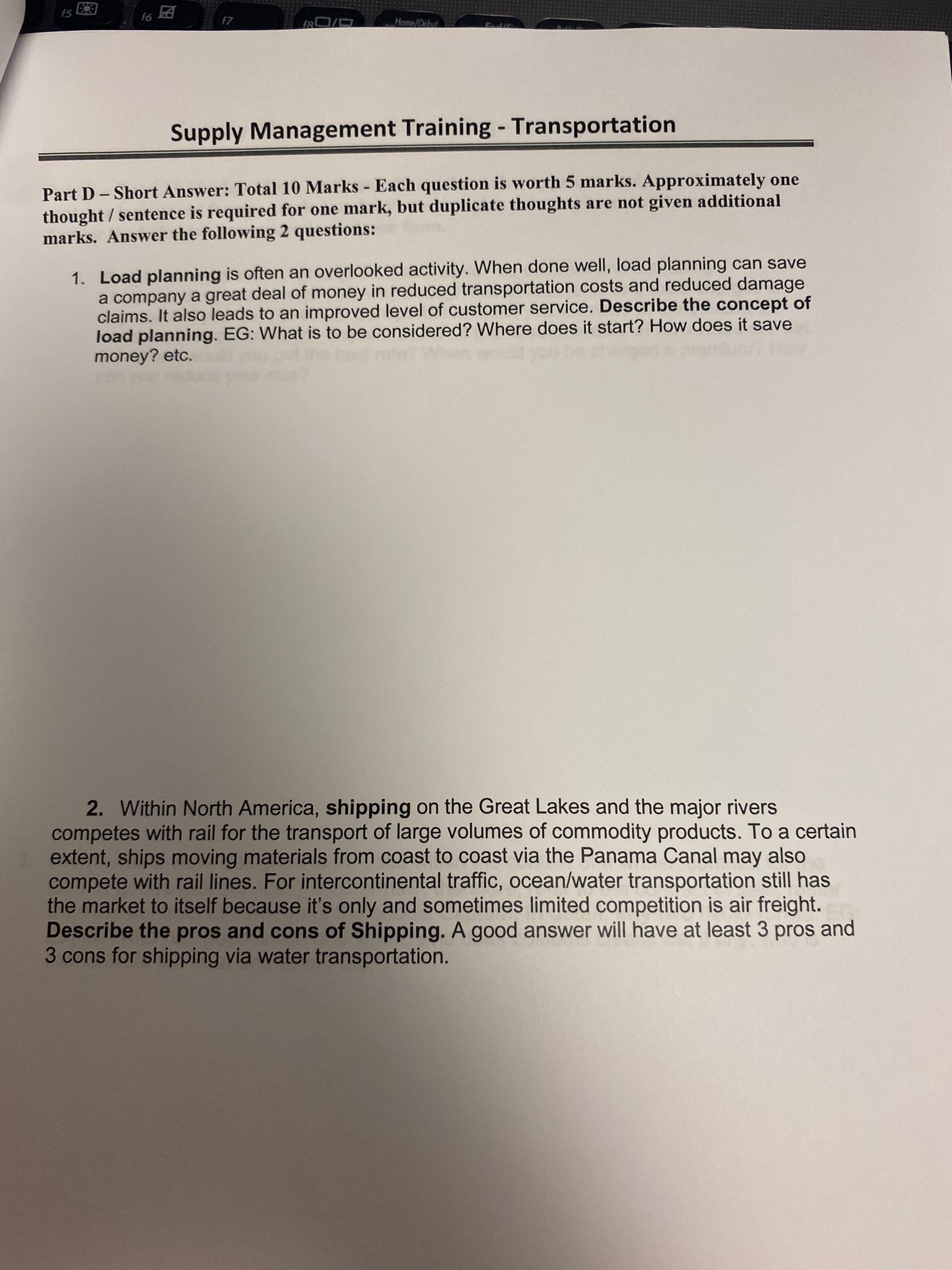 Part D - Short Answer: Total 10 Marks - Each question