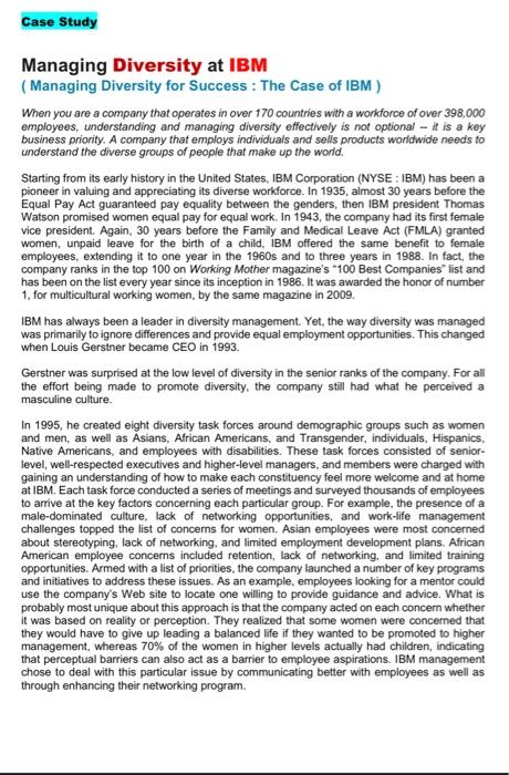 please answer the case . (Managing Diversity for Success : The Case