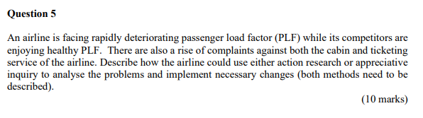  An airline is facing rapidly deteriorating passenger load factor (PLF) while