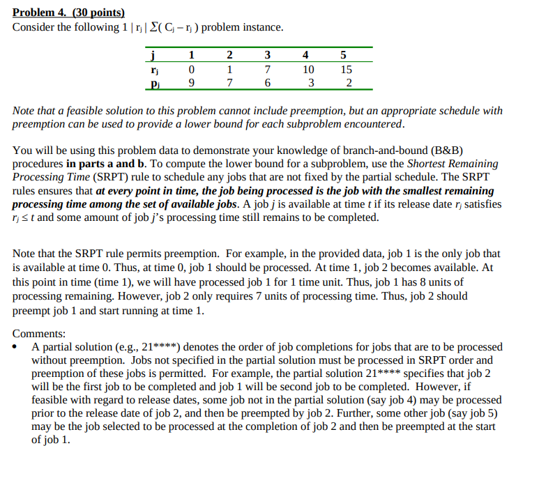  Problem 4. ( 30 points) Consider the following 1rj(Cjrj) problem instance.