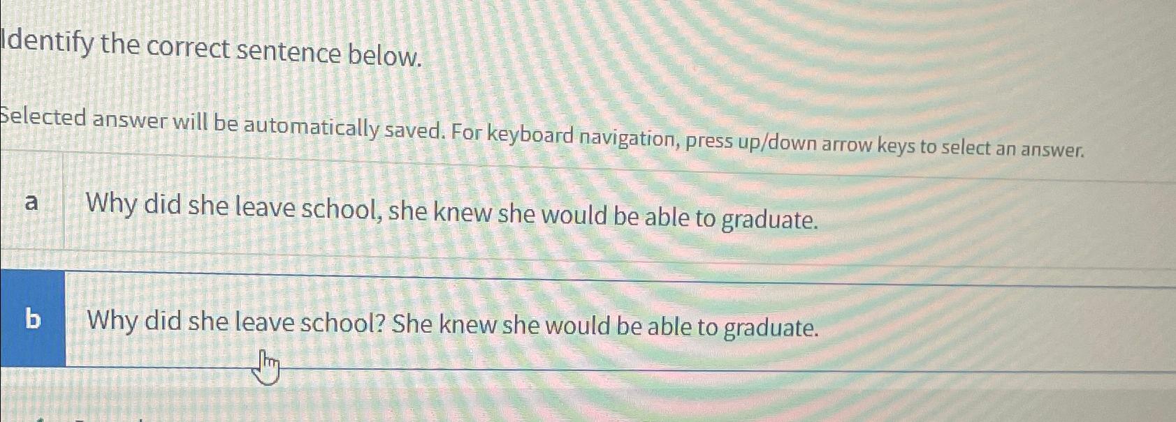  Identify the correct sentence below. Selected answer will be automatically saved.