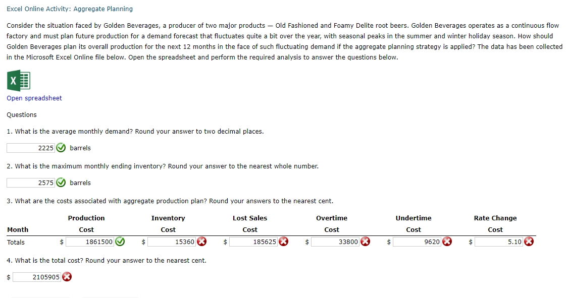  Excel Online Activity: Aggregate Planning Consider the situation faced by Golden