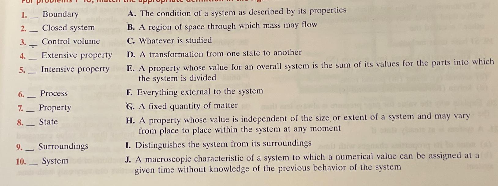  _ Boundary 2._ Closed system 3.- Control volume 4._ Extensive property