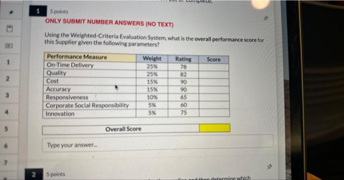  5 points ONLY SUBMIT NUMBER ANSWERS (NO TEXT) Using the Welghted-Criteria
