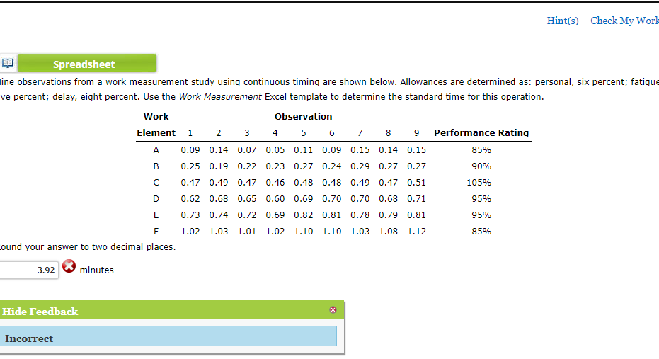 Nine observations from a work measurement study using continuous timing are shown