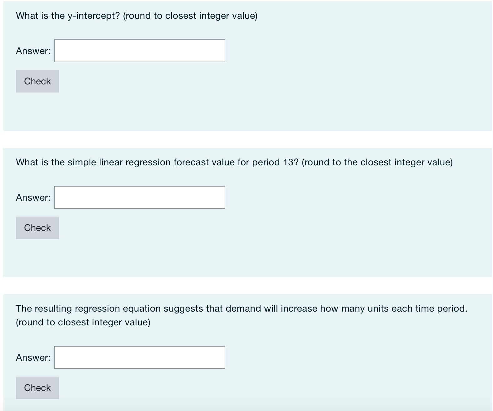 What is the simple linear regression forecast value for period 13?