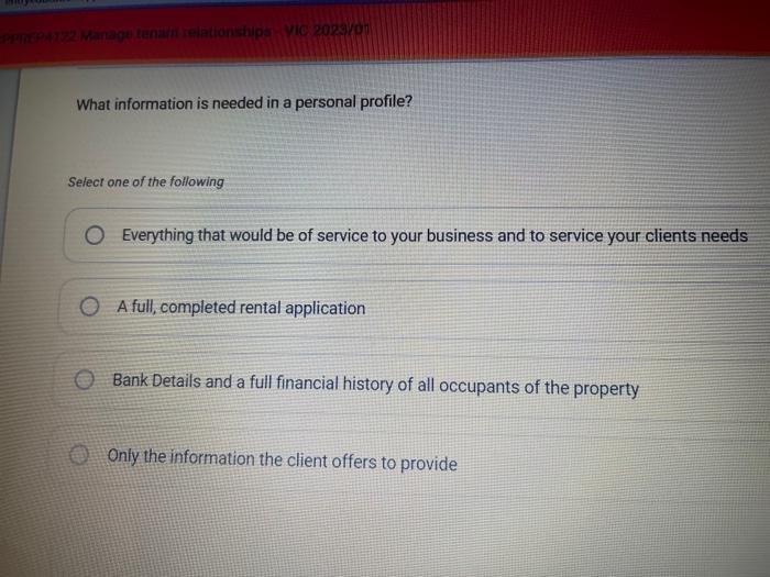  What information is needed in a personal profile? Select one of