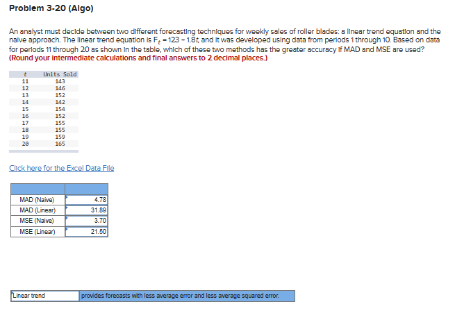  An analyst must decide between two dlfferent forecasting techniques for weekly