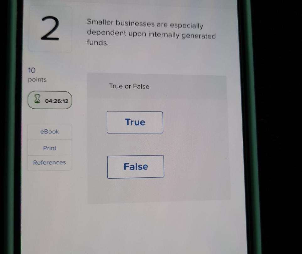 Smaller businesses are especially dependent upon internally generated funds. 10 points