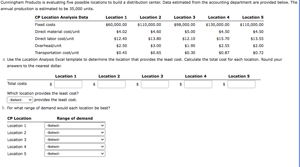  a. Use the Location Analysis Excel template to determine the location