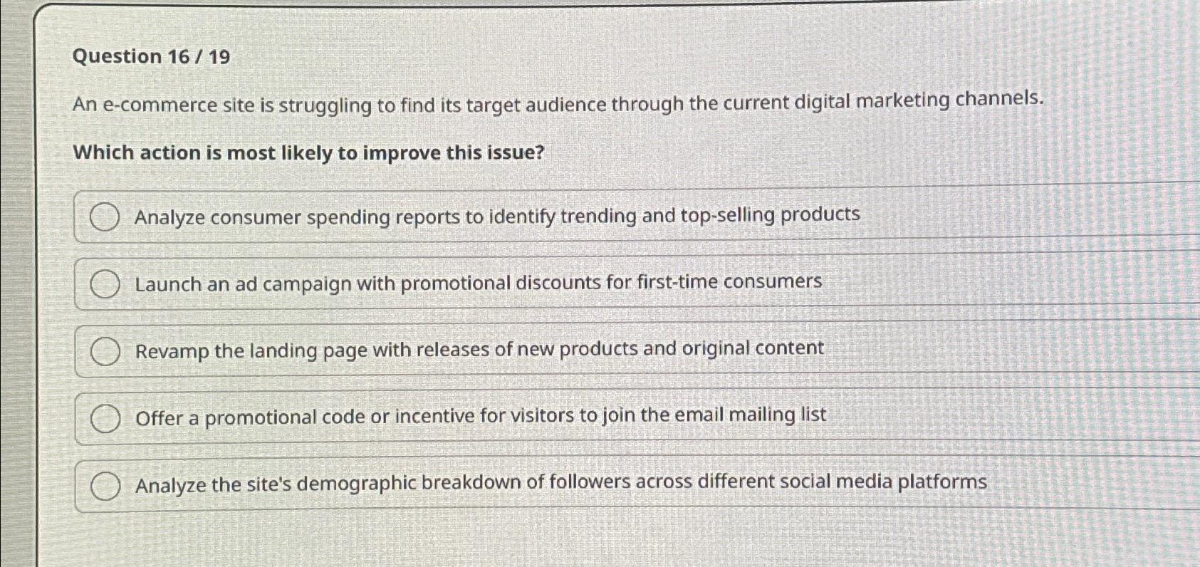  Question 16/19 An e-commerce site is struggling to find its target