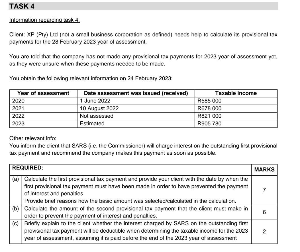 Information regarding task 4 : Client: XP (Pty) Ltd (not a