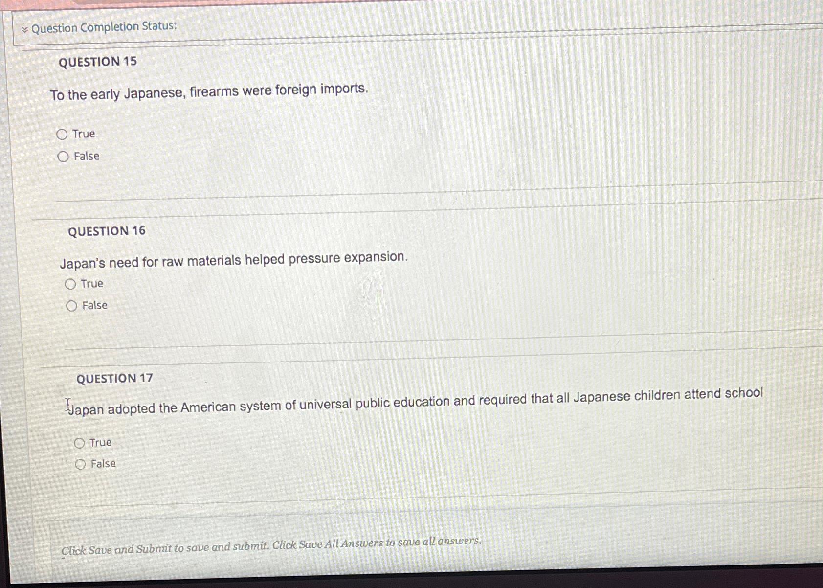  ~~ Question Completion Status: QUESTION 15 To the early Japanese, firearms