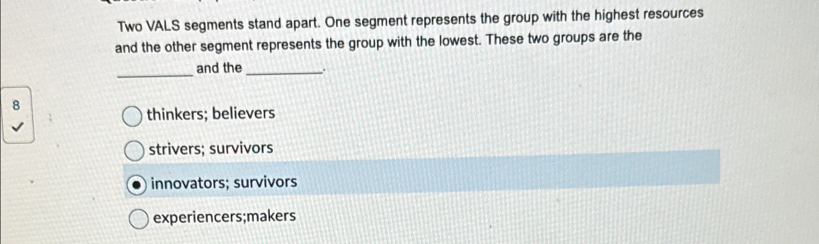  Two VALS segments stand apart. One segment represents the group with