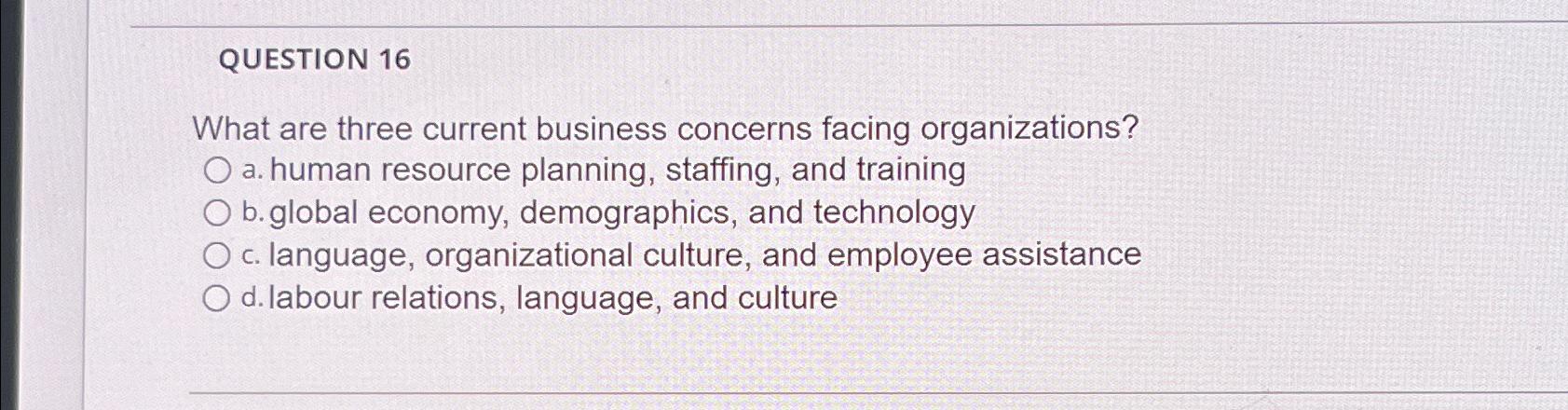  QUESTION 16 What are three current business concerns facing organizations? a.