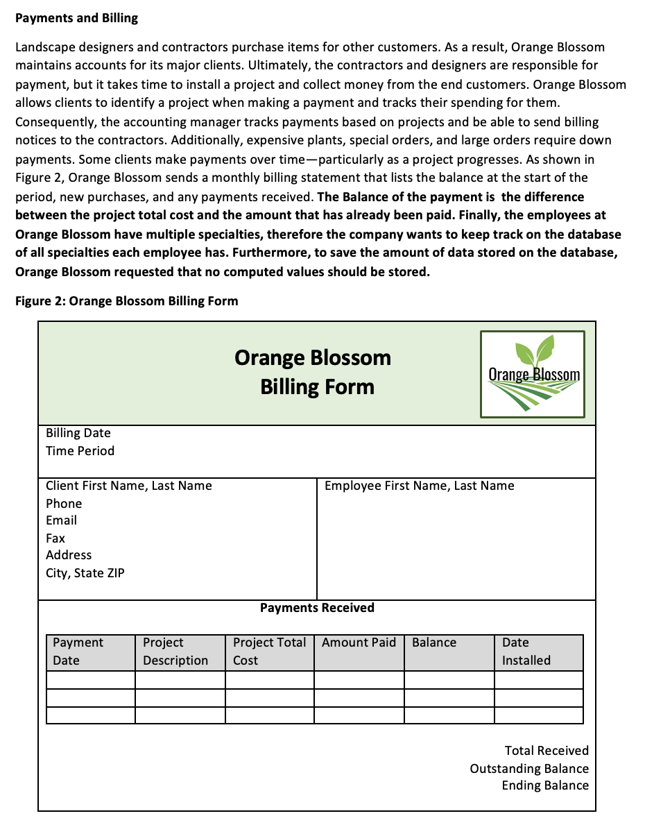 Need Final Form Table ONLY for Orange Blossom Billing Form I have