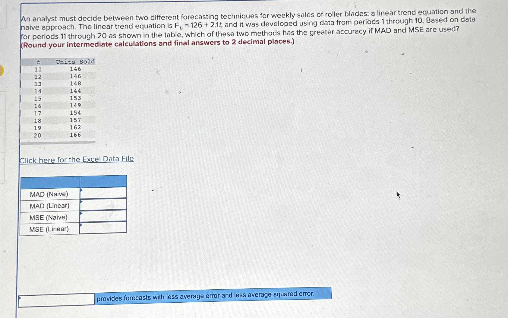  An analyst must decide between two different forecasting techniques for weekly