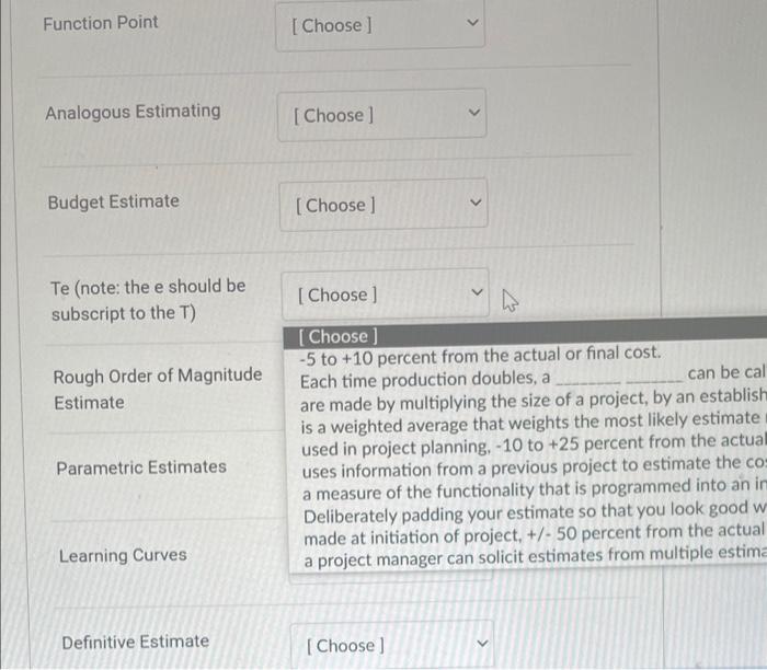  Function Point Analogous Estimating Budget Estimate Te (note: the e should