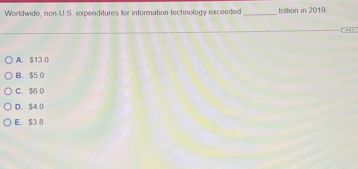  Worldwide, non-U.S. expenditures for information technology exceeded trillion in 2019. A.