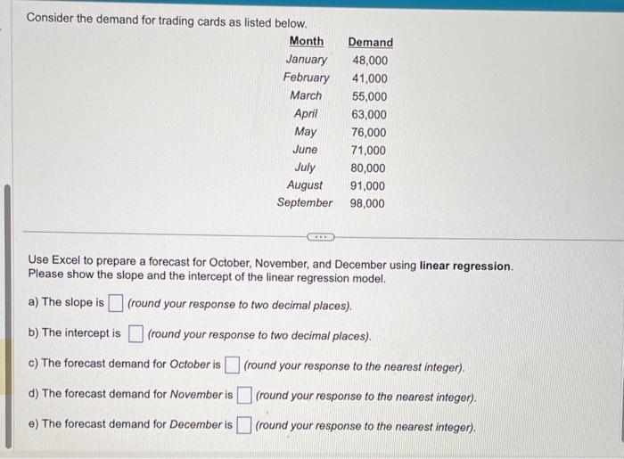  Consider the demand for trading cards as listed below. Use Excel