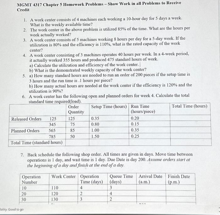  MGMT 4317 Chapter 5 Homework Problems - Show Work in all