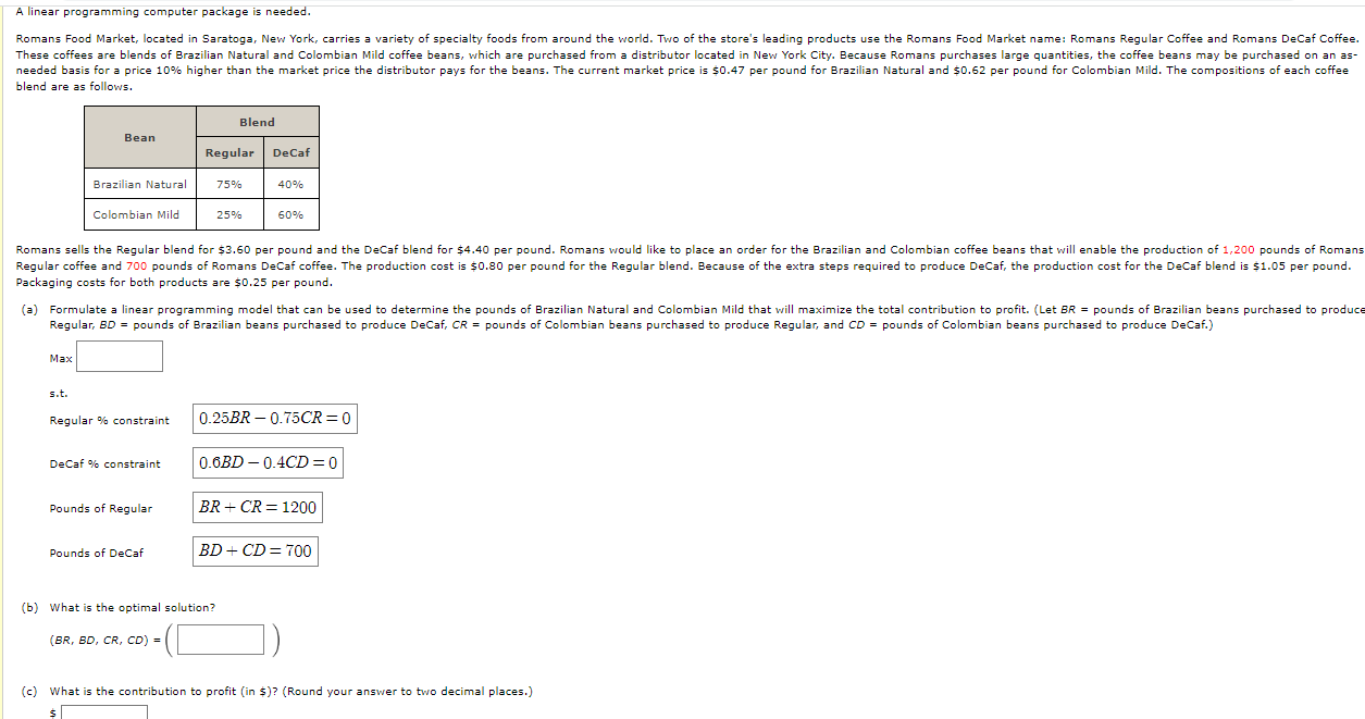  A linear programming computer package is needed. blend are as follows.