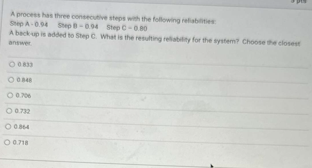  A process has three consecutive steps with the following reliabilities: Step
