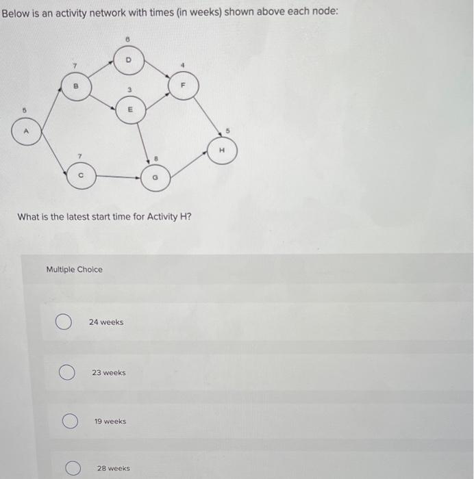  Below is an activity network with times (in weeks) shown above