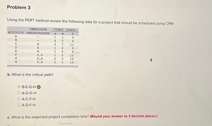  Using the PERT method review the following data for a project