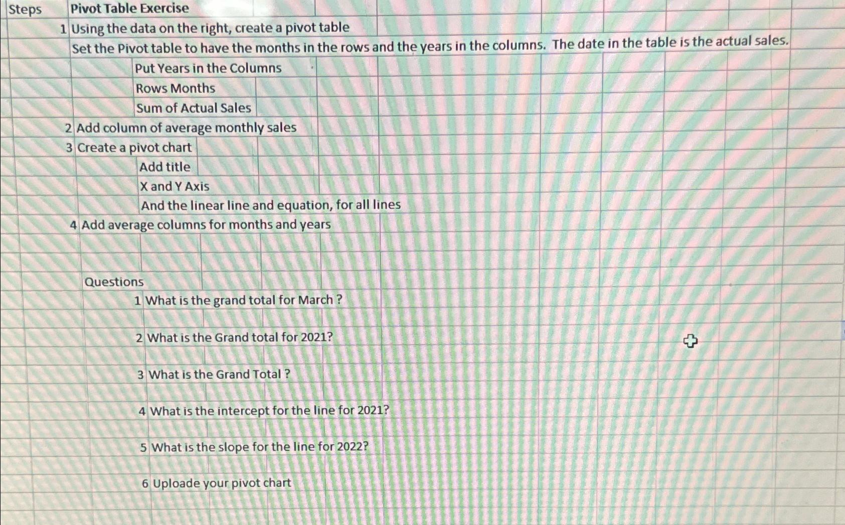  \table[[Steps,Pivot Table Exercise,,,],[1,Using the data on the right, create a pivot