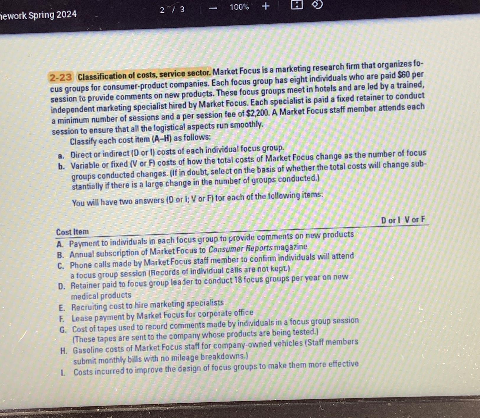  iework Spring 2024 23 100% 2-23 Classification of costs, service sector.