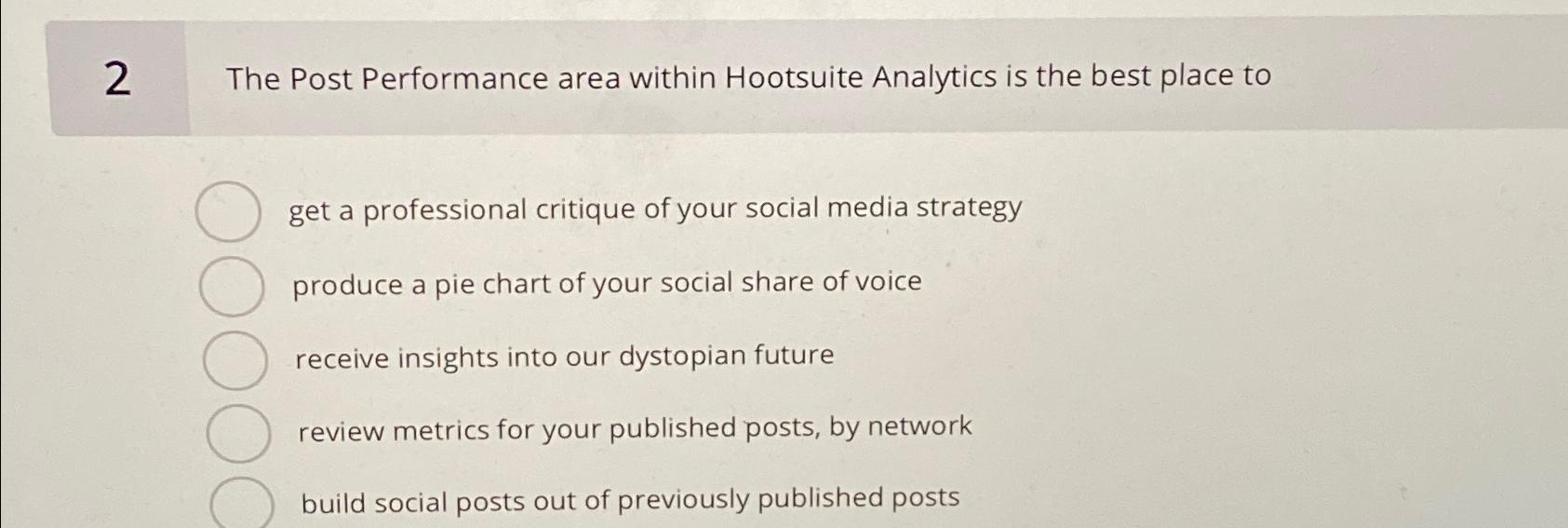  2 The Post Performance area within Hootsuite Analytics is the best