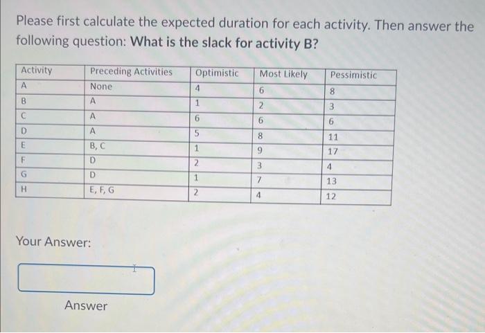  Please first calculate the expected duration for each activity. Then answer
