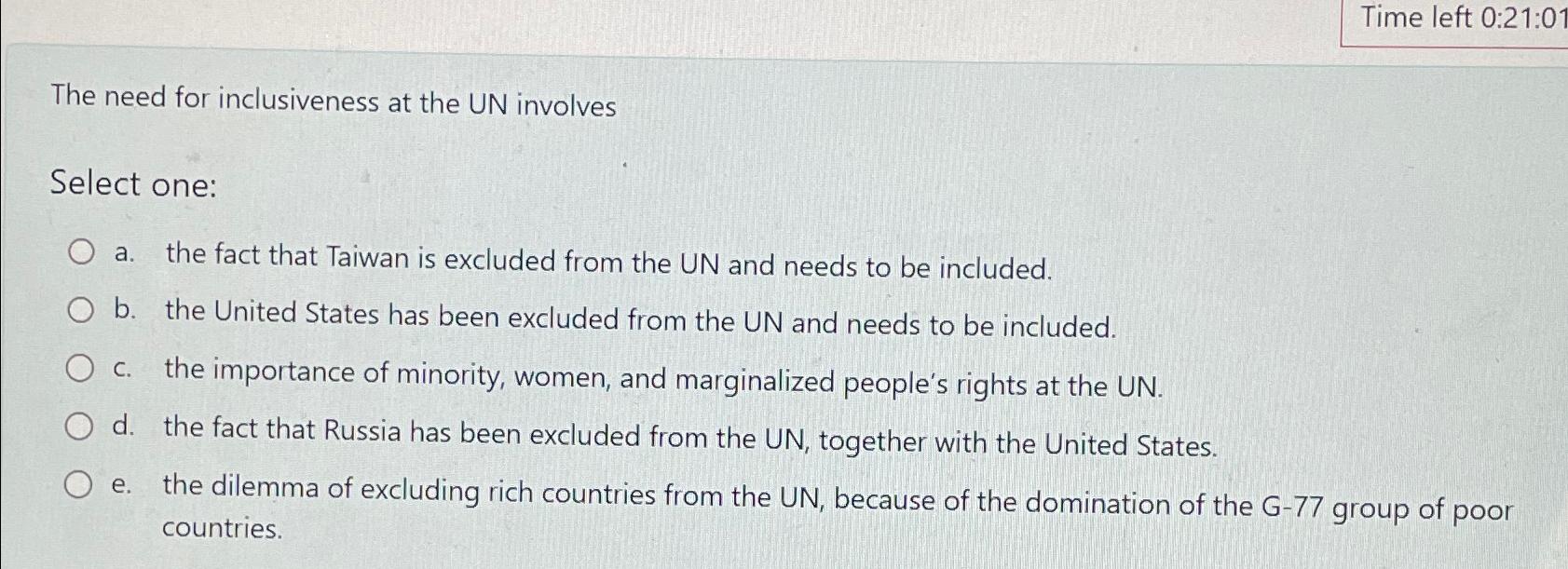  Time left 0:21:01 The need for inclusiveness at the UN involves