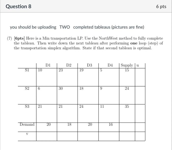 question provided in picture you should be uploading TWO completed tableaus (pictures