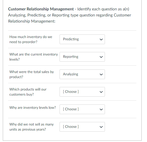  Customer Relationship Management - Identify each question as a(n) Analyzing, Predicting,