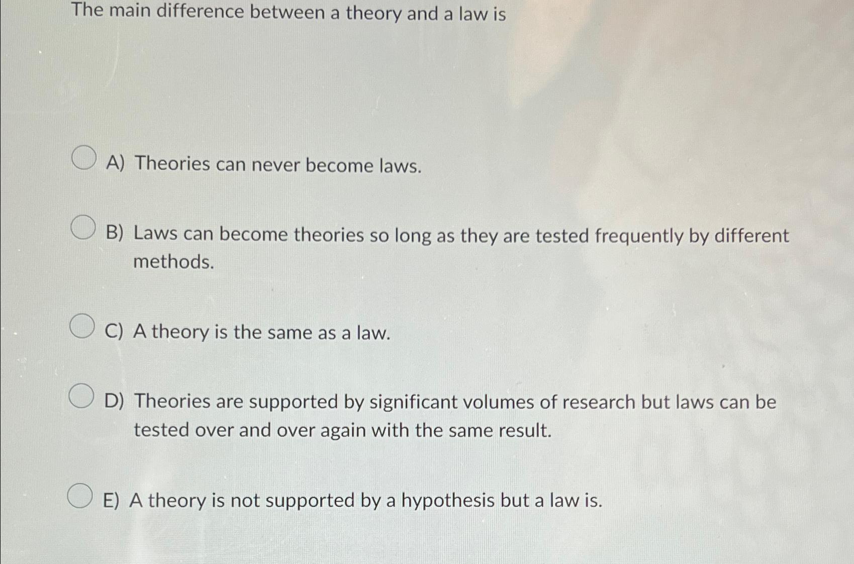  The main difference between a theory and a law is A)