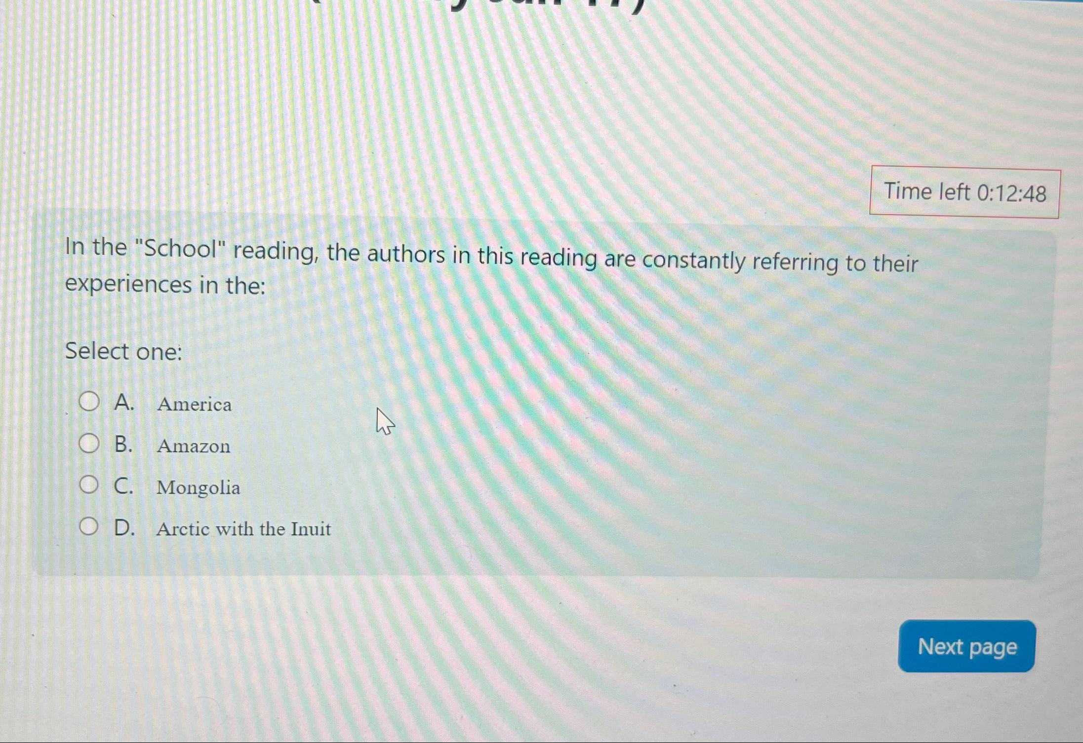  Time left 0:12:48 In the "School" reading, the authors in this