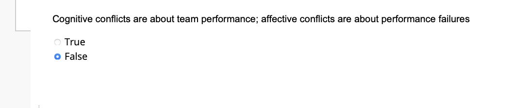 Cognitive conflicts are about team performance; affective conflicts are about performance