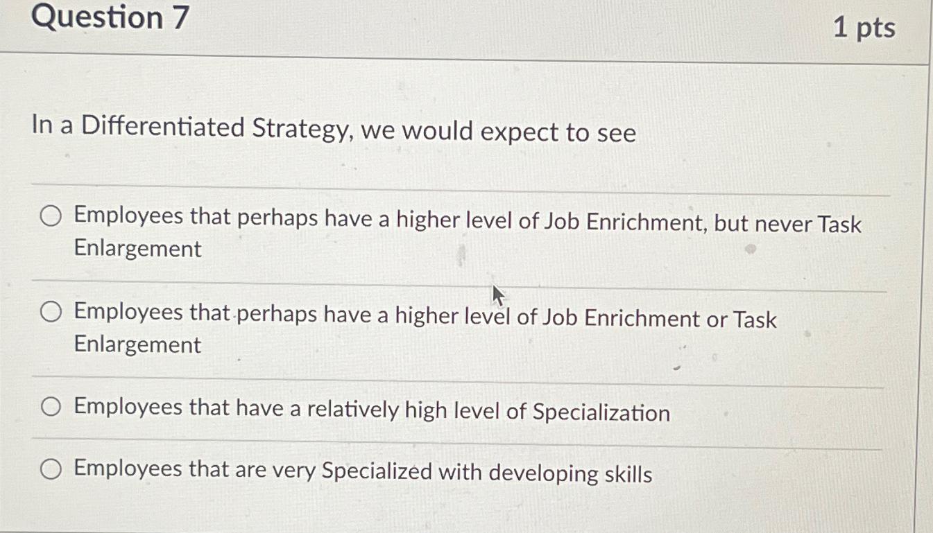  Question 7 1 pts In a Differentiated Strategy, we would expect