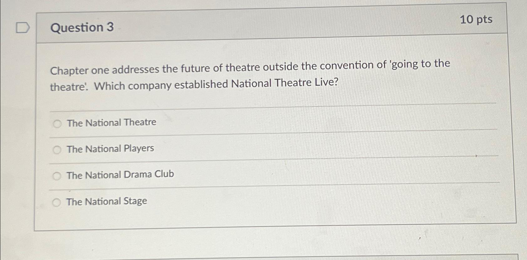  Question 3 10pts Chapter one addresses the future of theatre outside