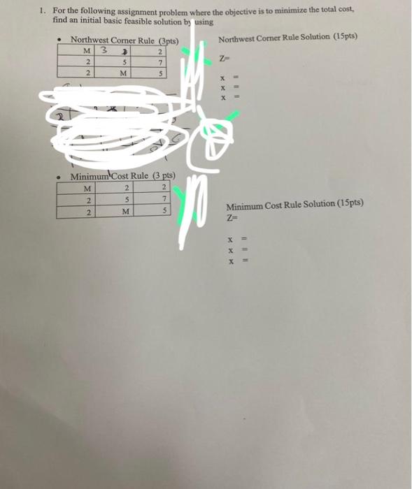  1. For the following assignment problem where the objective is to