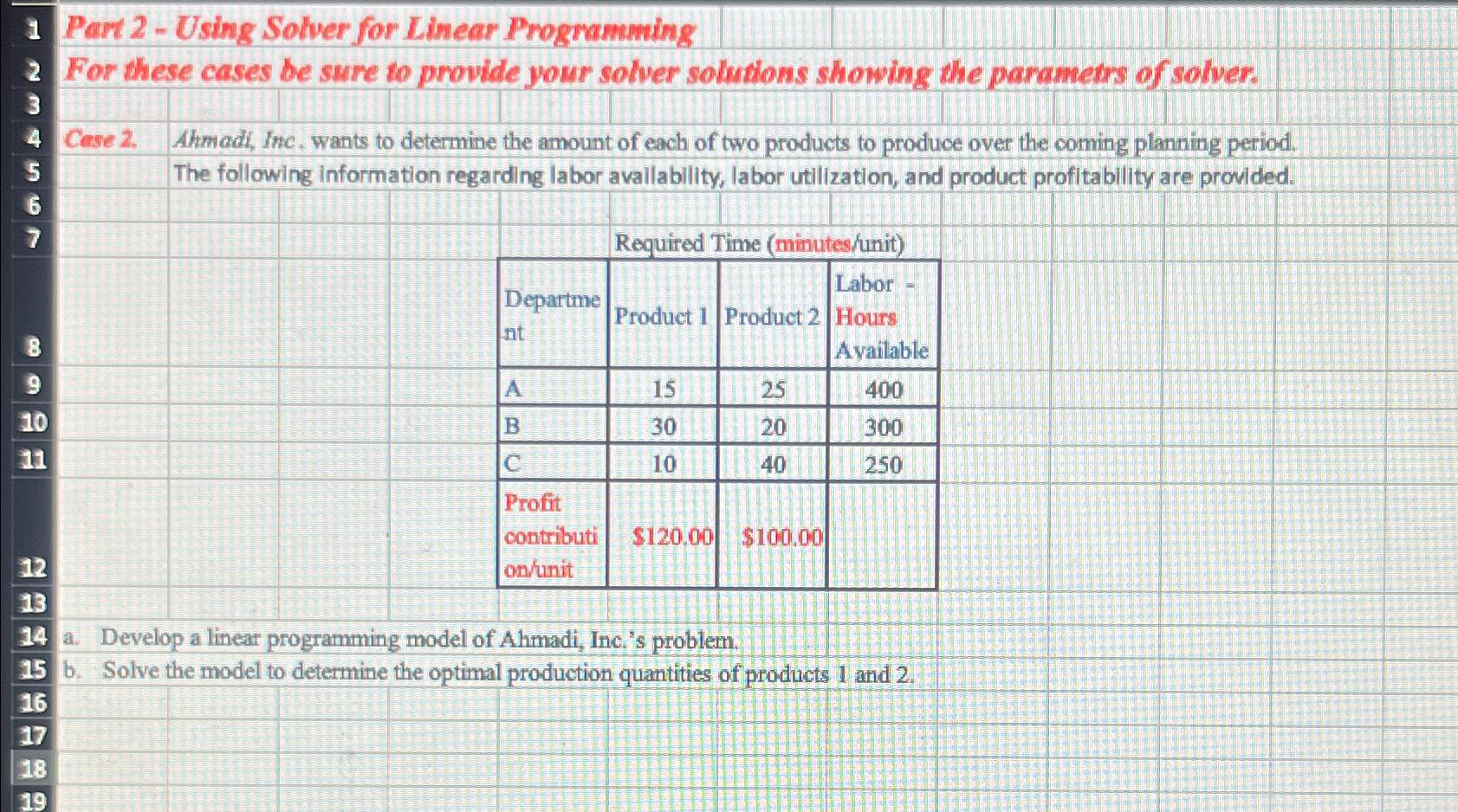  1 Part 2- Using Solver for Linear Prognamming For these cases