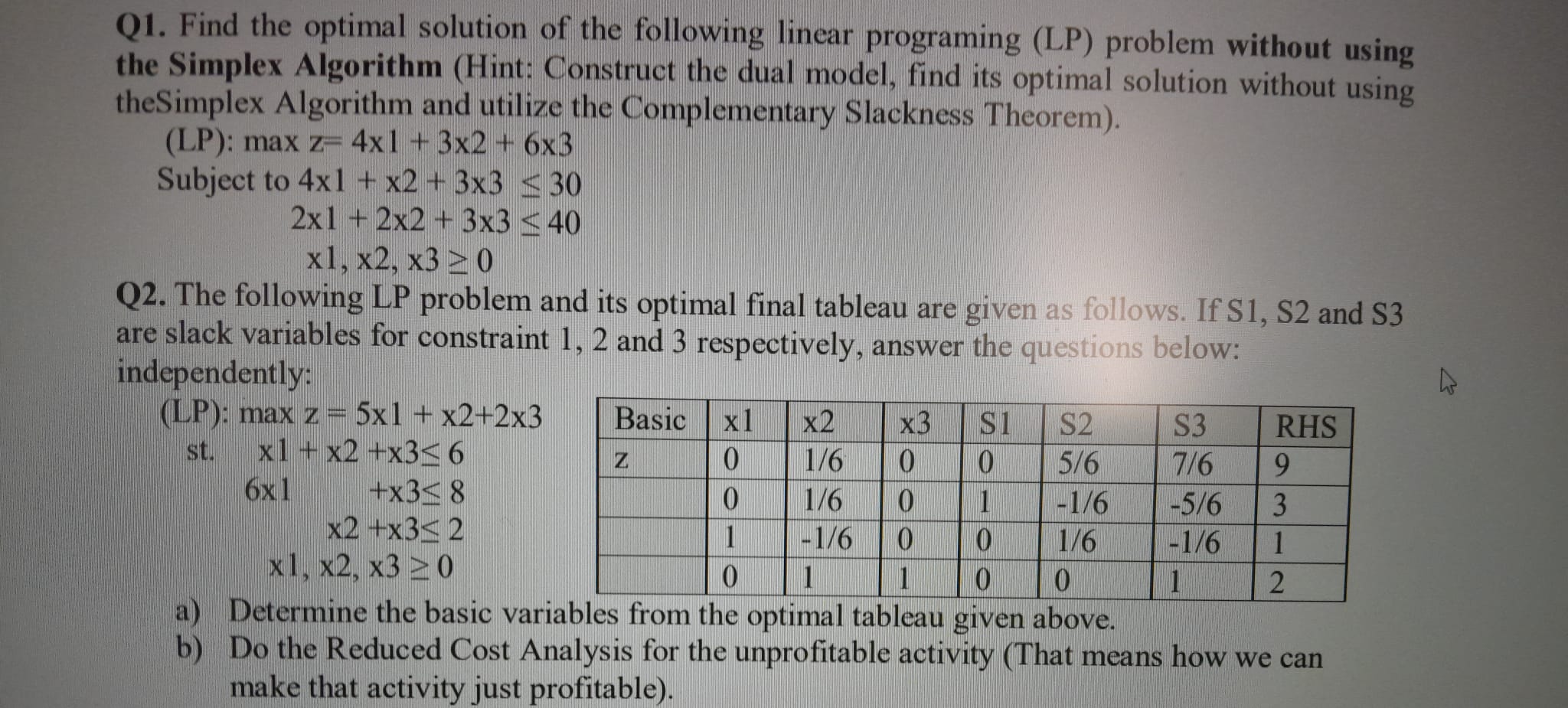  Q1. Find the optimal solution of the following linear programing (LP)