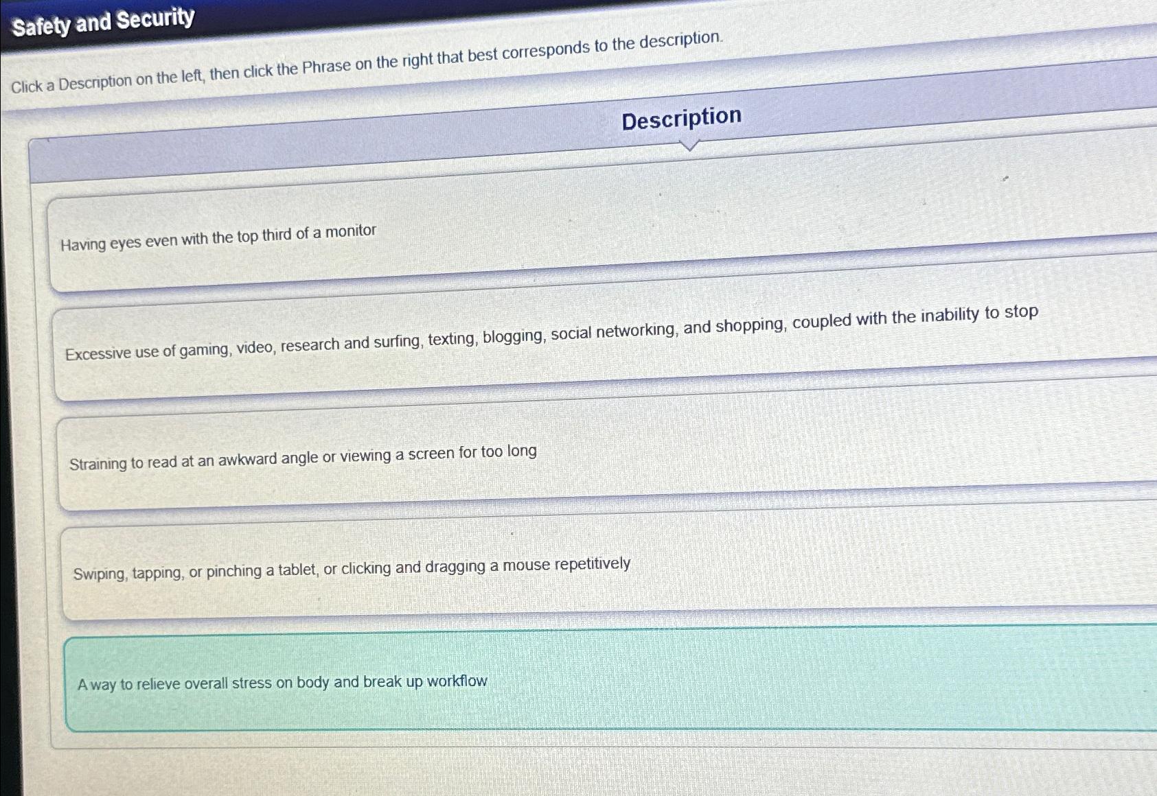  Safety and Security Click a Description on the left, then click