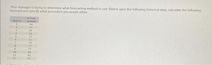 asap 5 Your manager is trying to determine what forecasting method to