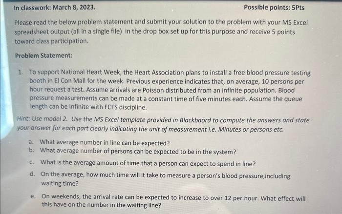  In classwork: March 8, 2023. Possible points: 5Pts Please read the